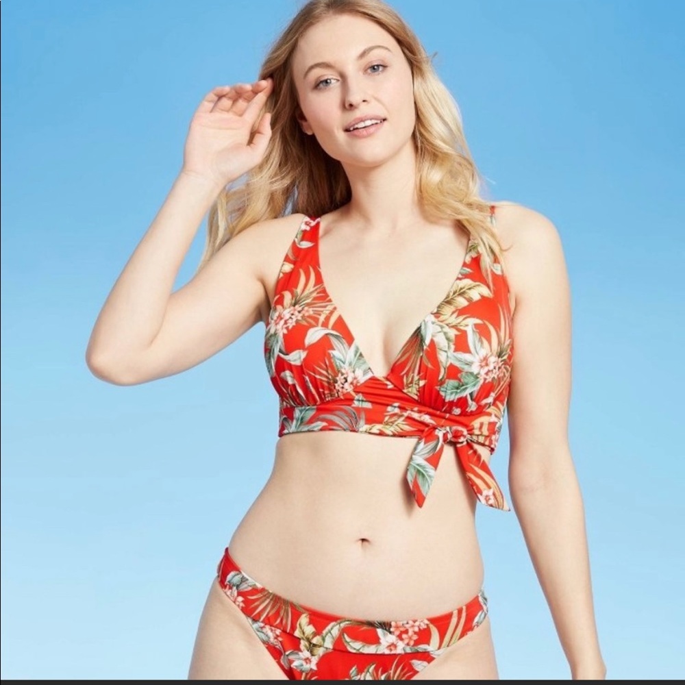 Shade and shore red floral sash tie swim top only
